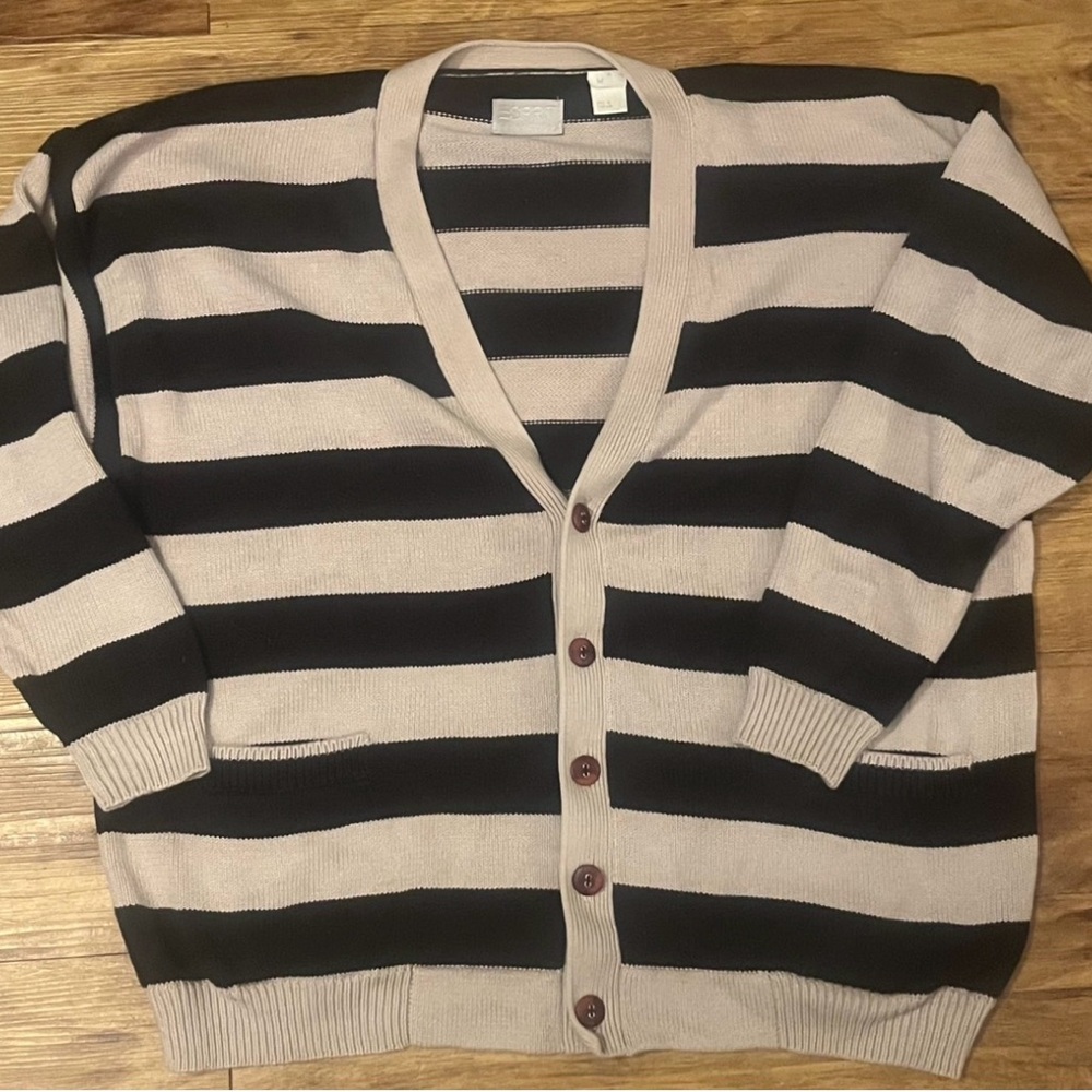 Vintage ESPRIT Striped Button Front Cardigan - Black & Beige